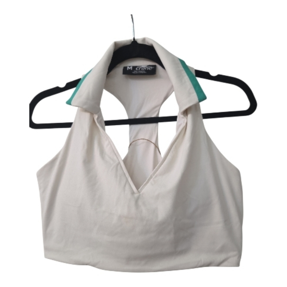 M Crane White Polo Collar Sleeveless Crop Top Sports Bra Medium